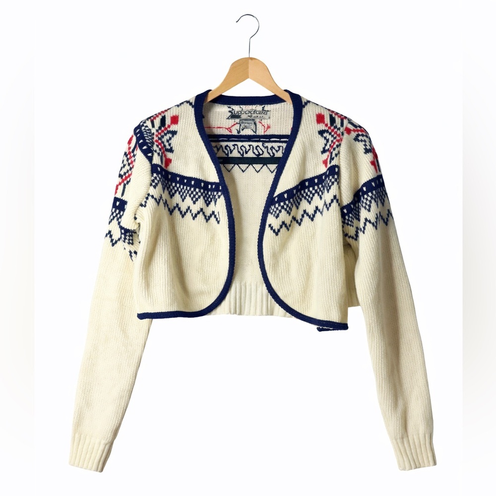 Urban Outfitters Fair Isle Cropped Bolero Cardigan Sweater Cream Navy Red M/L